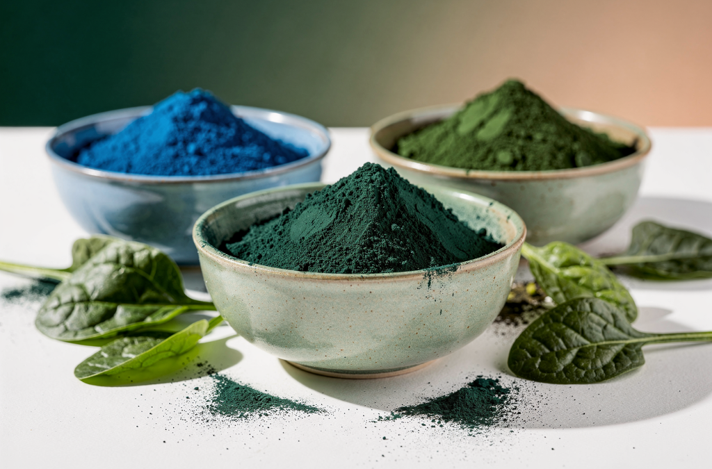 Infografía de Frallier sobre colores naturales verdes y azules para la industria alimentaria. Presenta clorofila y espirulina para aplicaciones en bebidas, confitería, panificación, lácteos y productos plant-based.