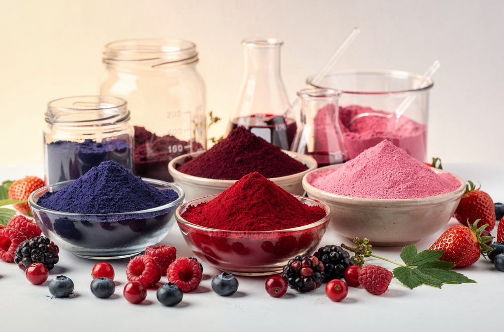 Infografía de Frallier sobre colores naturales rojos y rosas para la industria alimentaria. Presenta Pink Microfine, Berry Microfine, Red Beet Powder y Majestic Red para aplicaciones en bebidas, confitería, panificación, lácteos y productos plant-based.