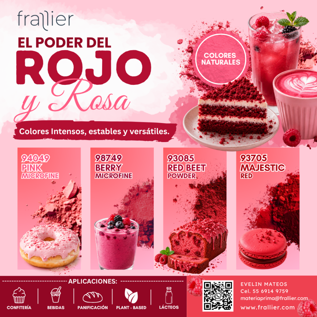 Imagen promocional de Frallier que muestra una selección de colores naturales en tonos rojos y rosas para la industria alimentaria. Se presentan las alternativas Pink Microfine (94049), Berry Microfine (98749), Red Beet Powder (93085) y Majestic Red (93705), acompañadas de ejemplos de aplicación en dona glaseada, smoothie de frutos rojos, panificación tipo red velvet y macarons. La imagen destaca que estos colores ofrecen tonalidades intensas, estabilidad y versatilidad para aplicaciones en confitería, bebidas, panificación, lácteos y productos plant-based, ayudando a los fabricantes de alimentos y bebidas a desarrollar productos con una apariencia atractiva y alineada con las tendencias del mercado.